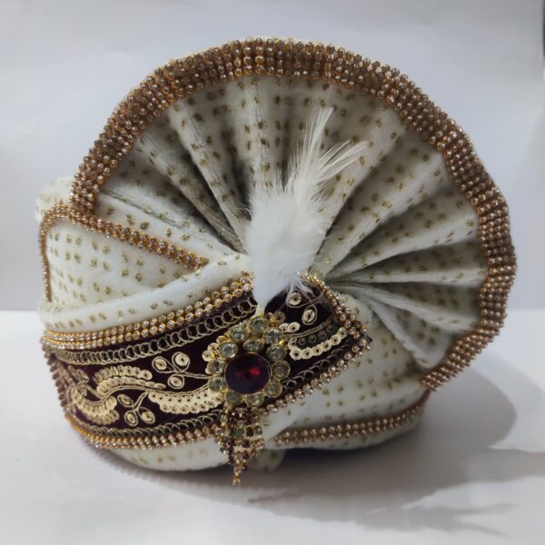 Readymade Safa / Pagdi Turban Dulhe Ki Pagdi Cream Color Traditional Wedding Safa, Cream Satin with Gold Crystal Embellishments, Indian Groom Turban