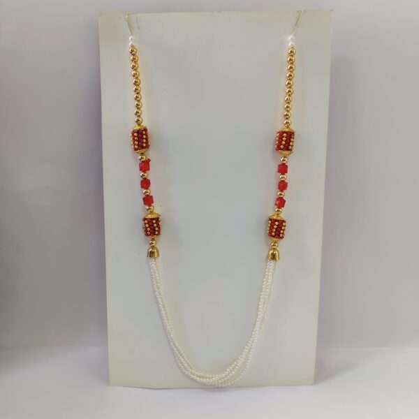 Red & Golden And White Beads & Pearls Fusion Wear Necklace For Wedding Celebration